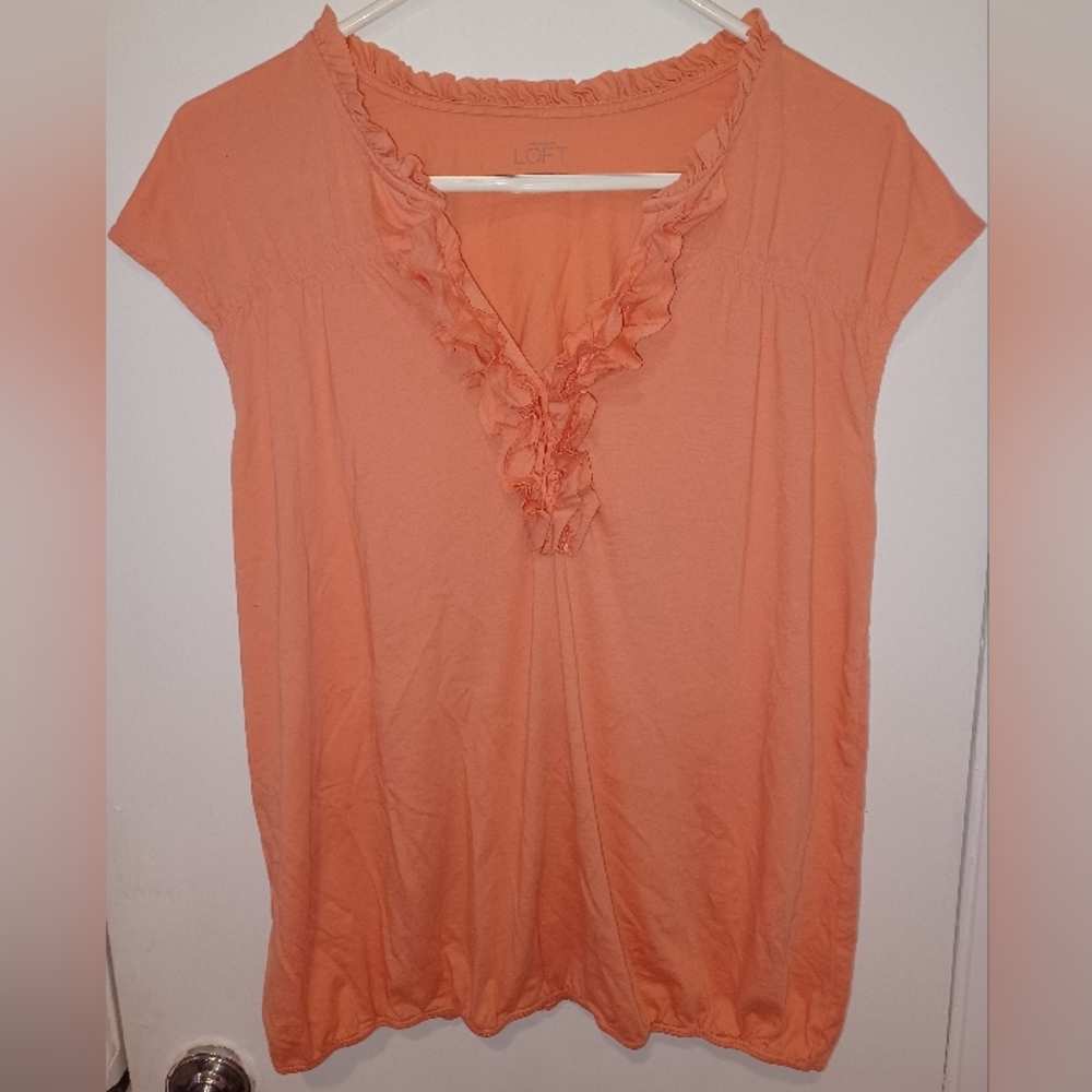 Loft Womens Top Large Pink Salmon Short Sleeve V Neck Casual Pullover Top
